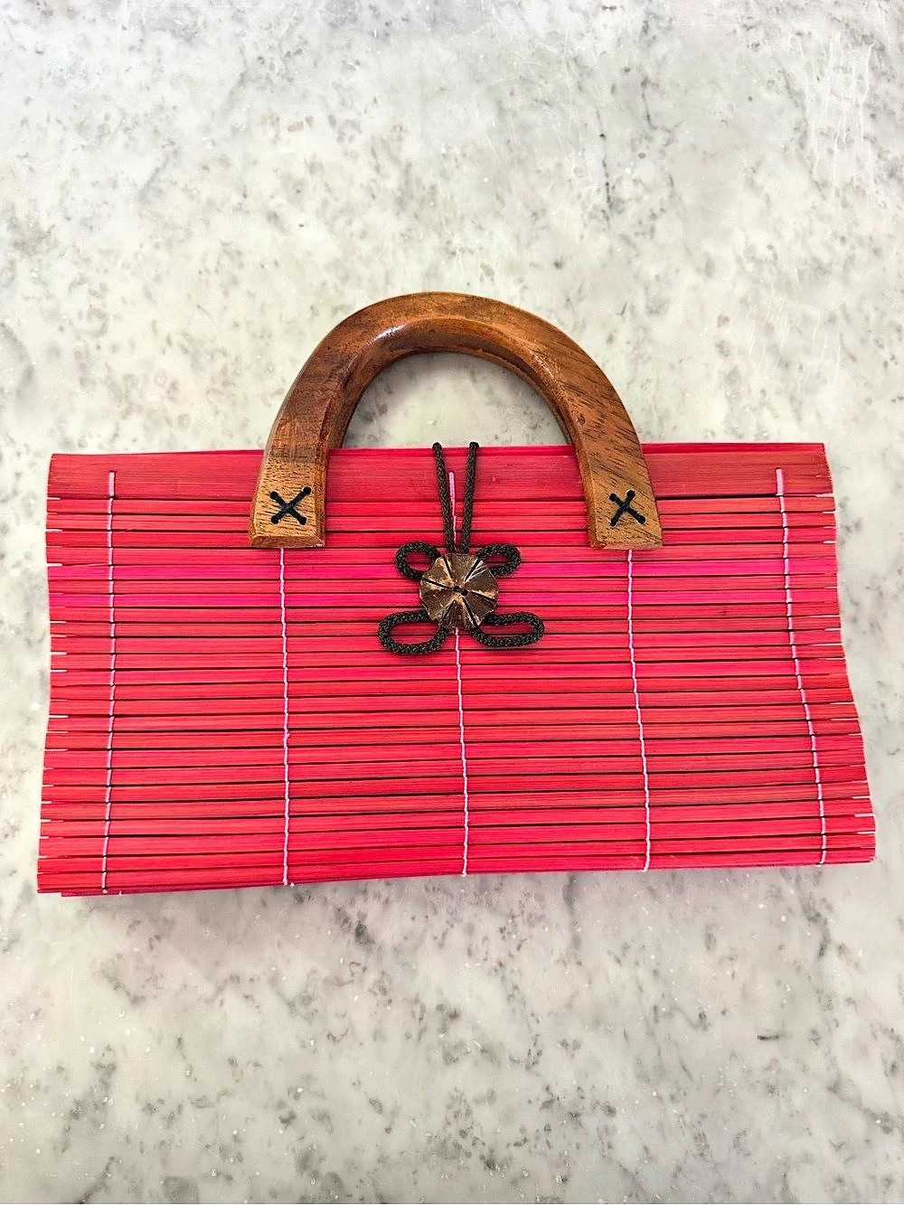 Vintage red bamboo slat wood handle handbag
